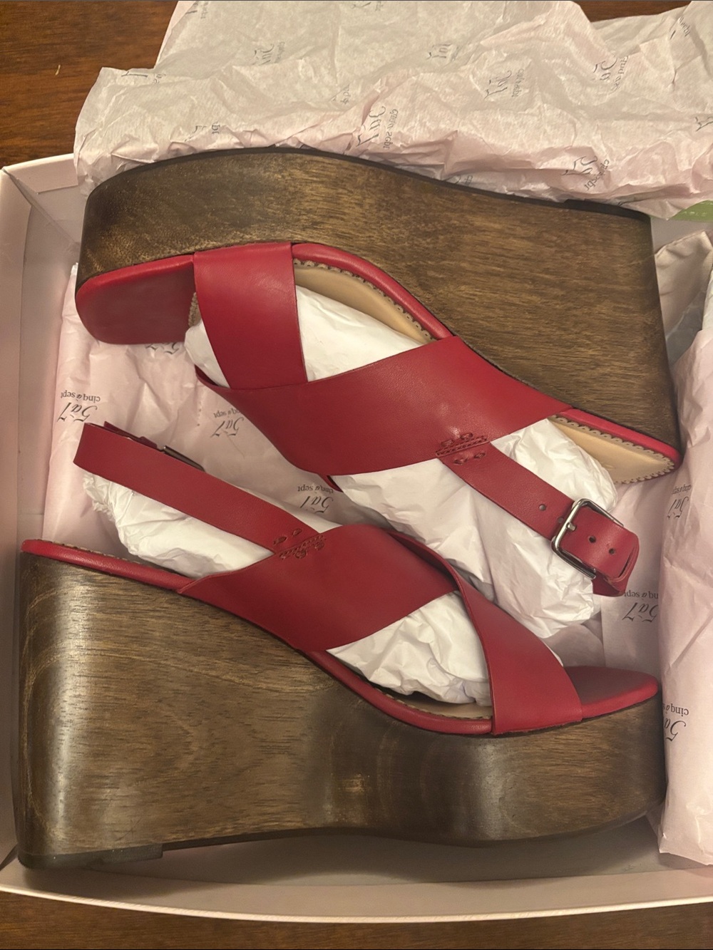 cinq a sept Red Leather Platform Wedge Sandals